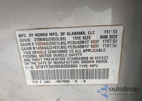 2014 Honda Pilot Lx z USA, uszkodzony, nr VIN 5FNYF3H20EB006804